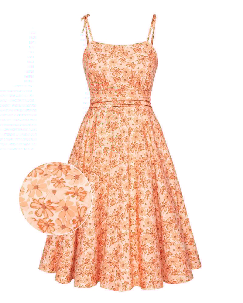 Vintage Floral Pattern Cami Slip Dress Spaghetti Straps Ruched Bodice Dress