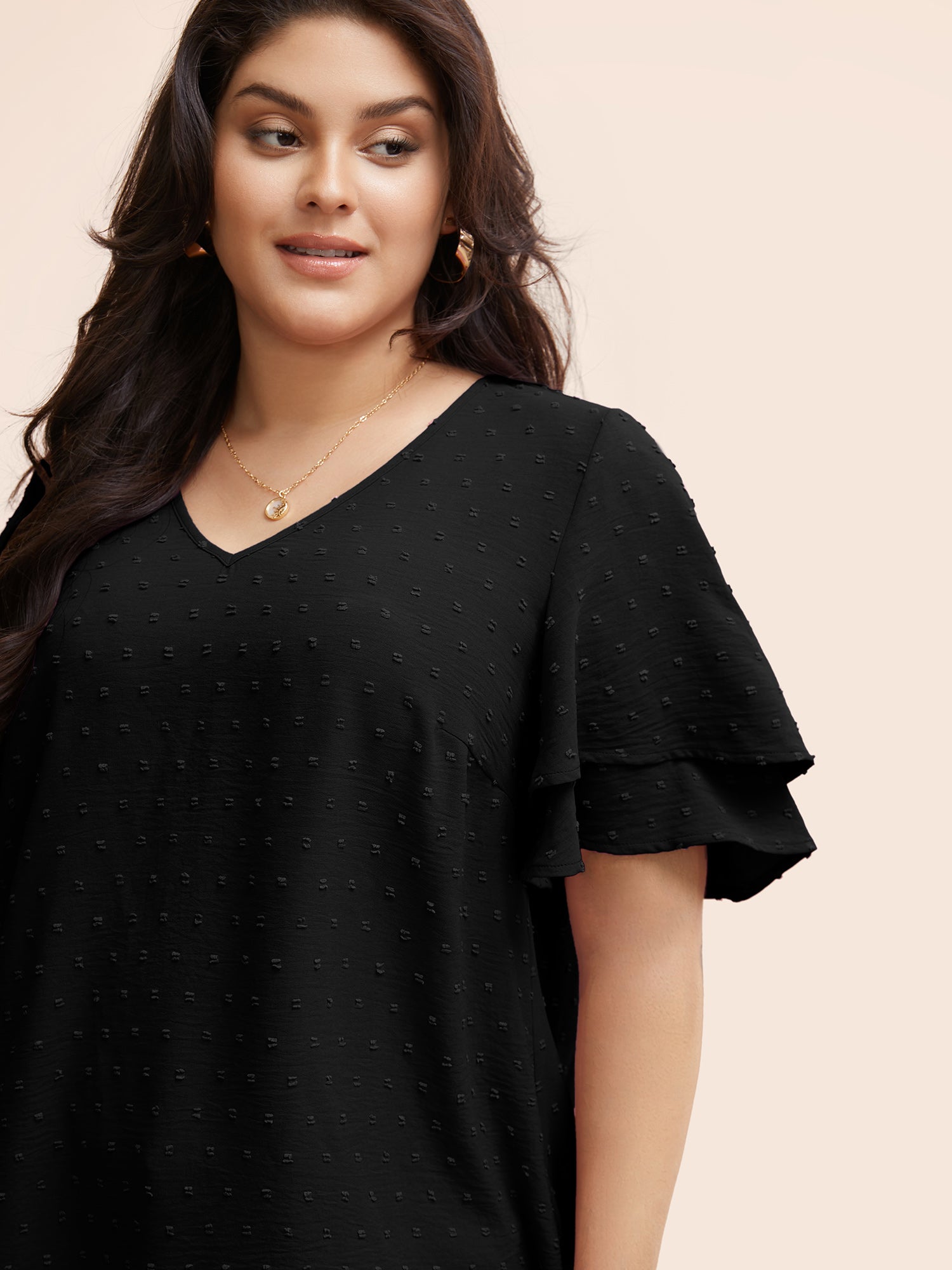 Plain Ruffle Tiered Sleeve V Neck Polka Dot Blouse