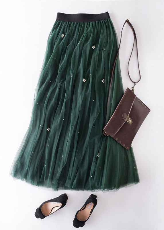 Green Wrinkled Patchwork High Waist Tulle Skirt Spring