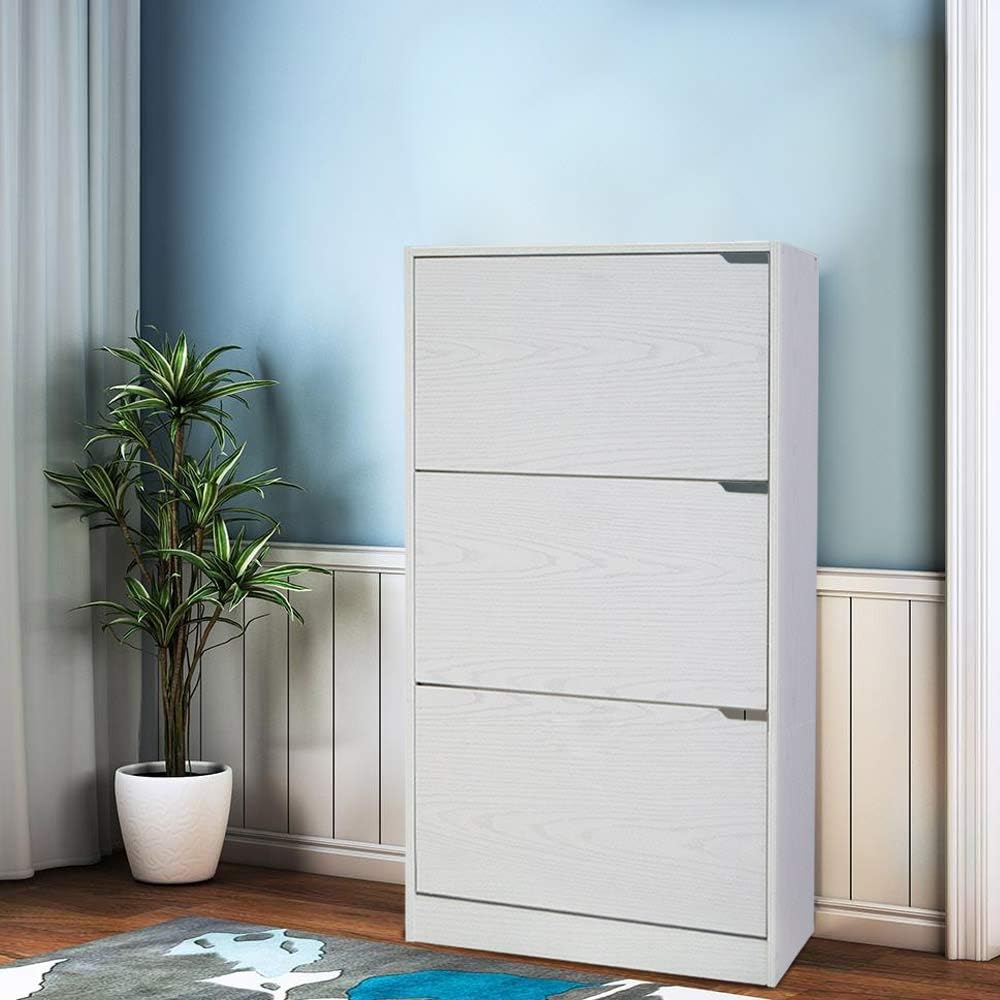 Wood Shoe Cabinet with 3 Doors, Shoe Cabinets, Retractable Handles, Double Depth, 63 x 24 x 115 cm