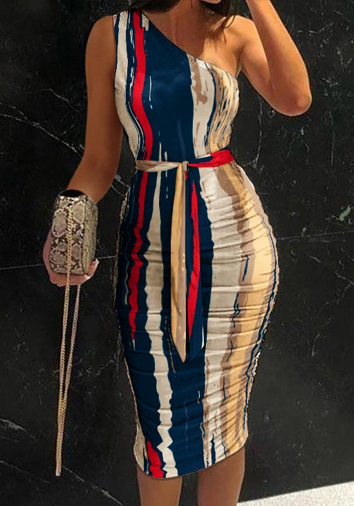 Abstract Print One Shoulder Ruched Bodycon Dress