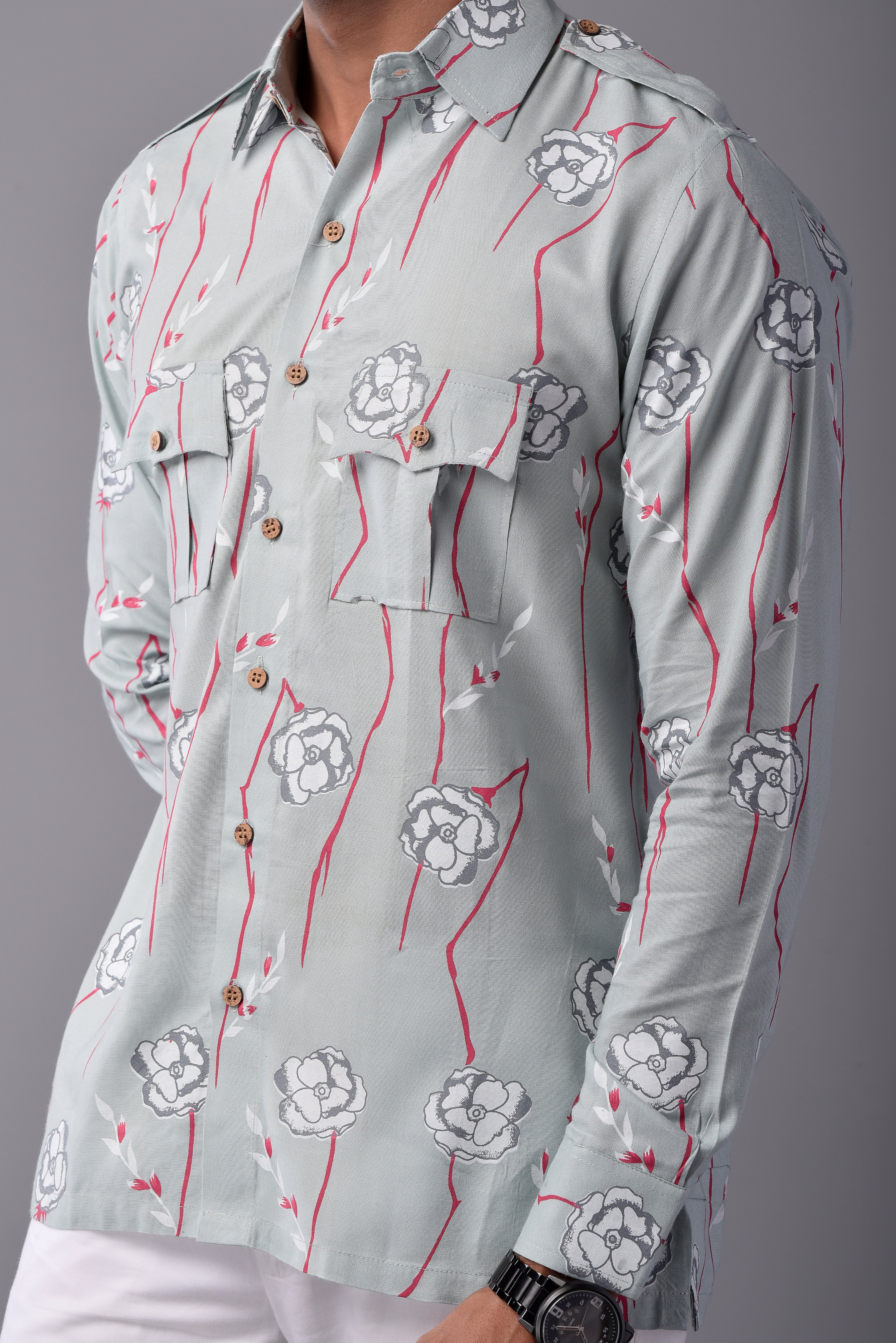 Sanganeri Light Green Hunting Styled Floral Printed Shirt