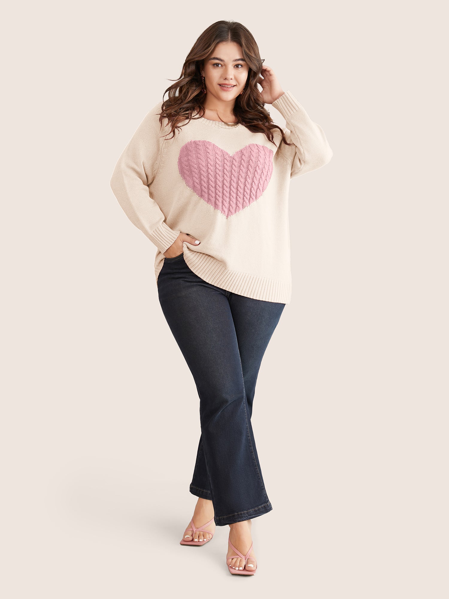 Heart Cable Knit Two Tone Raglan Sleeve Pullover