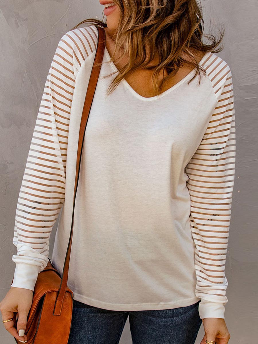 Hollow Striped Long Sleeve V-Neck Top(6 colors)