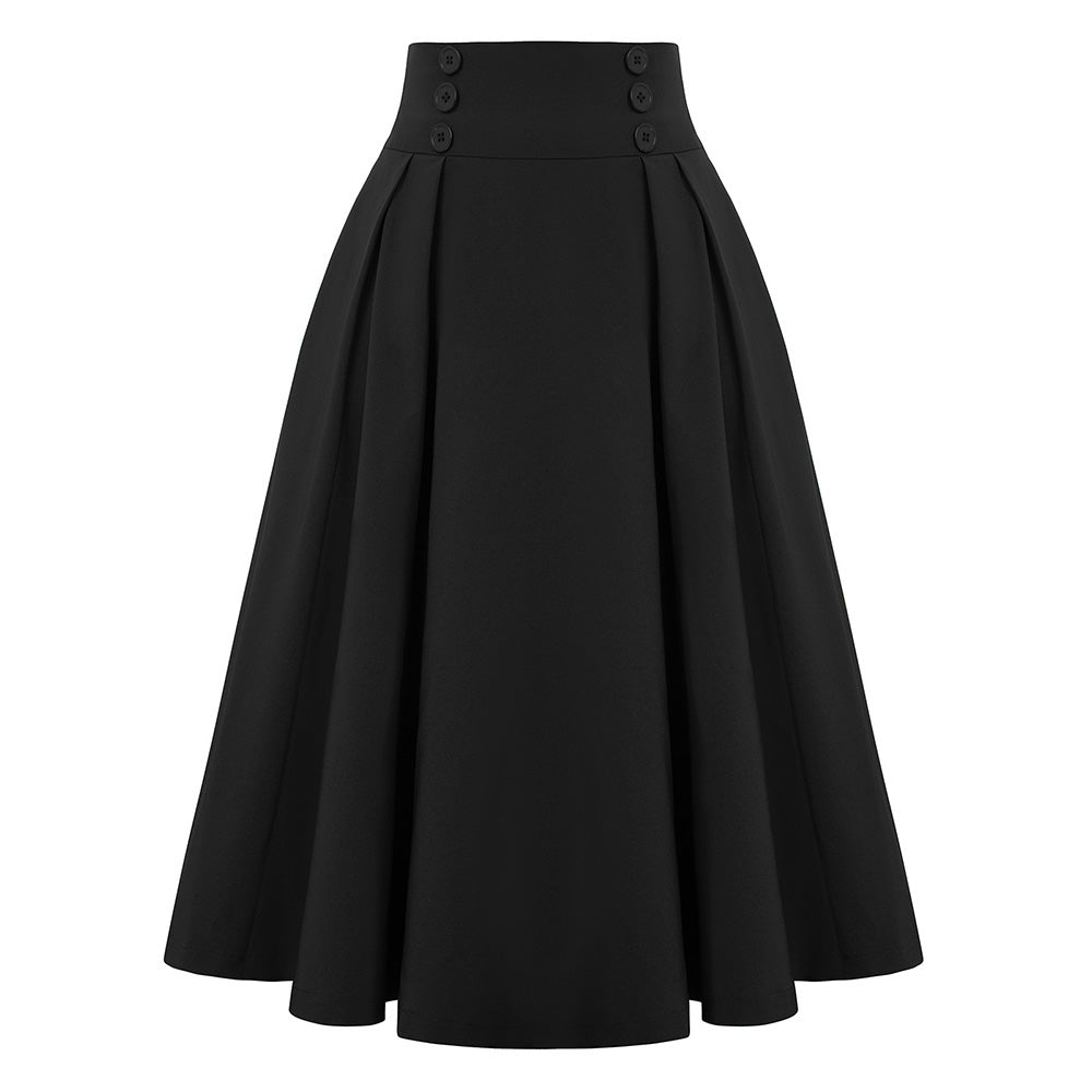 Leaf Patterns Pleated Buttons Decorated Elastic Waist High Waist Swing A-Line Skirt with Pockets