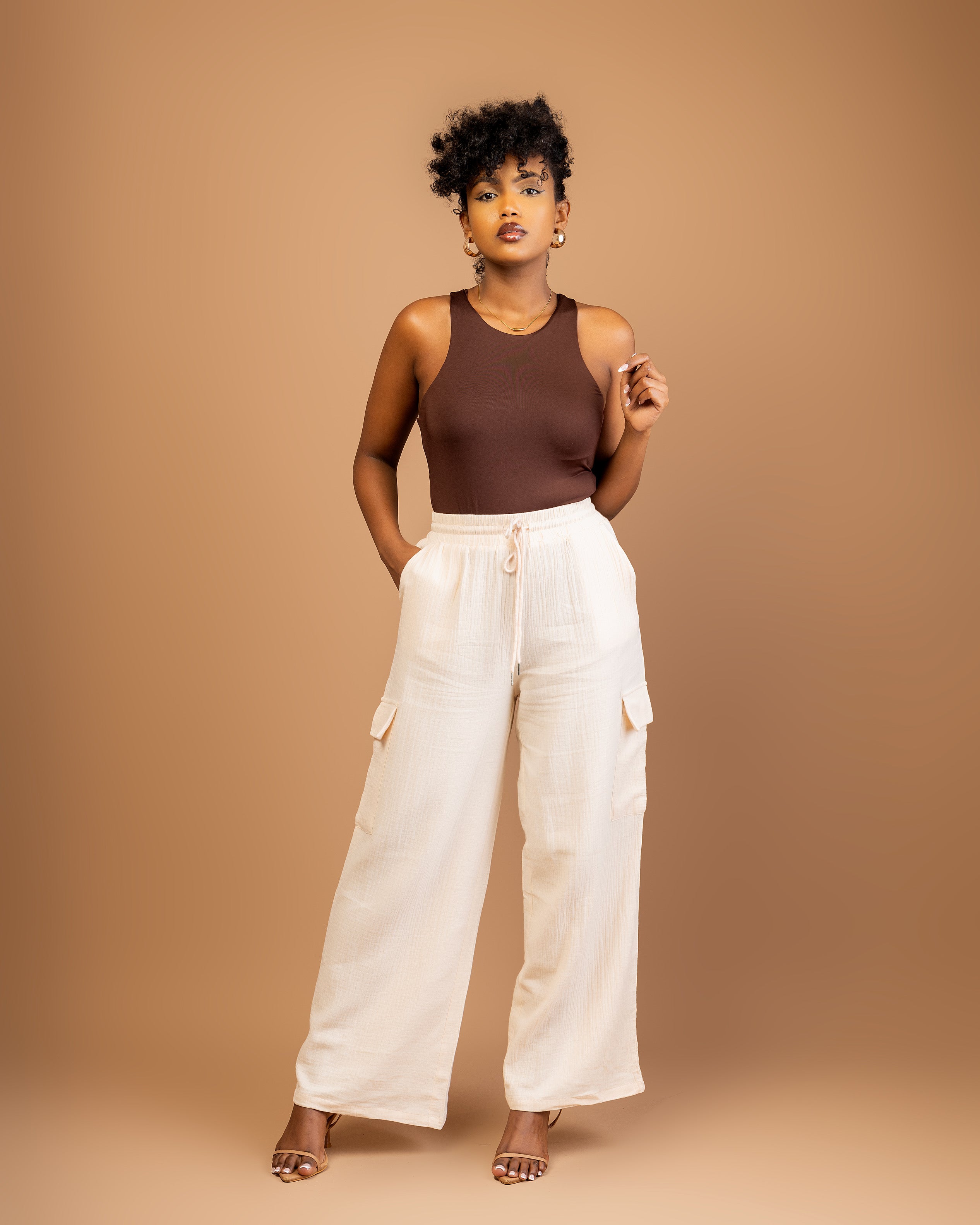 Brown Crew Neck Sleeveless Bodysuit