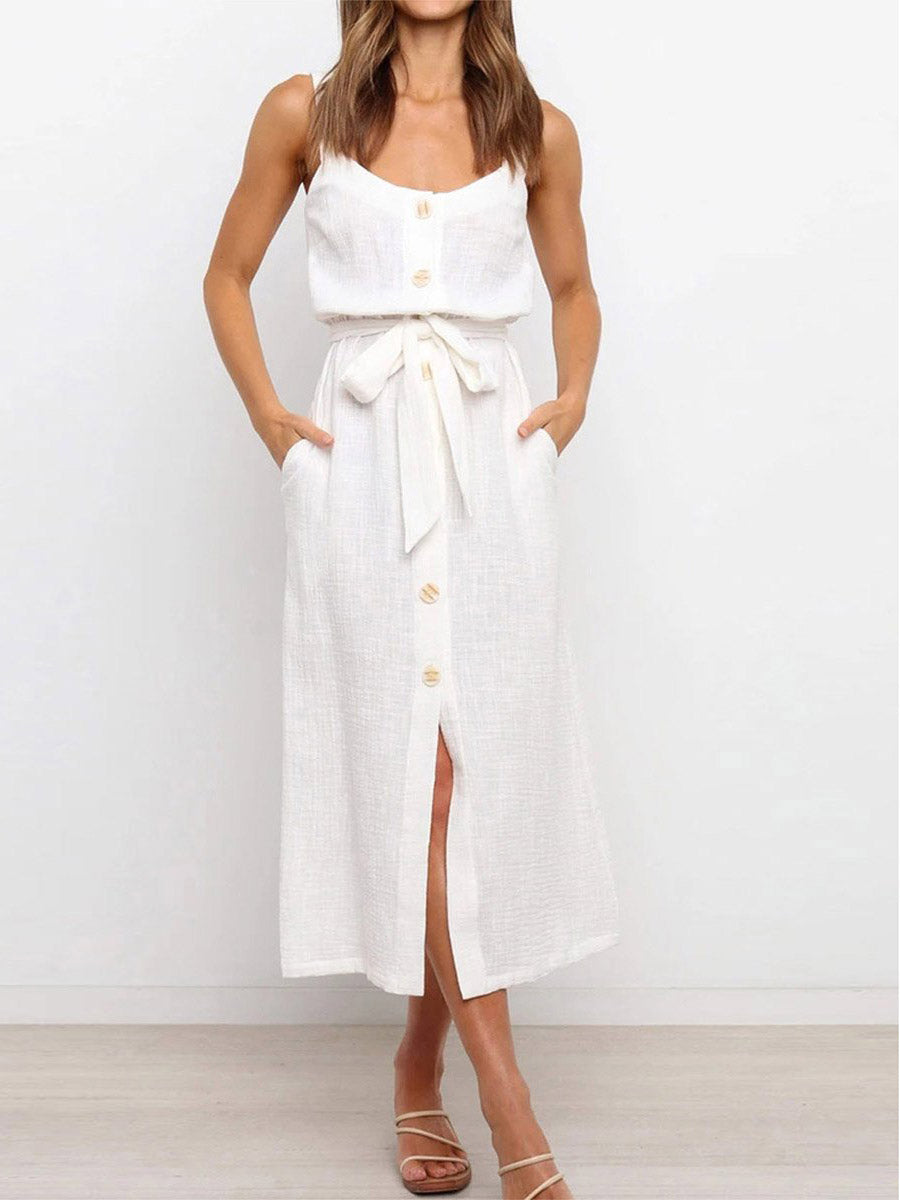 Button Slit Belt Dress