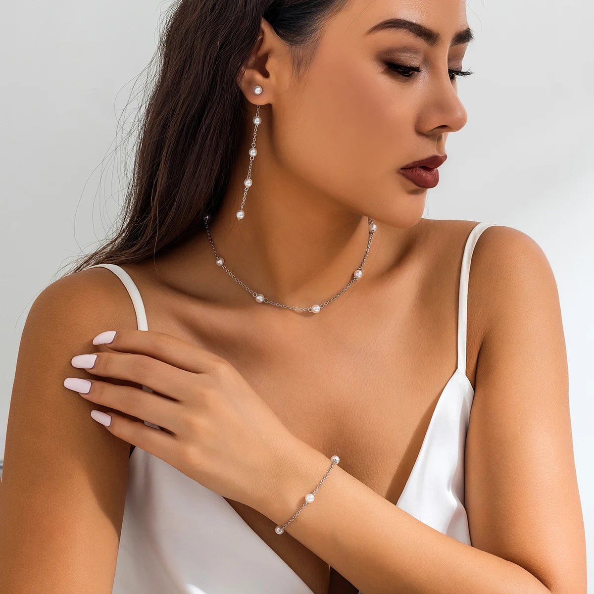Dainty Chain Pearl Bracelet. Necklace. and Earring Set