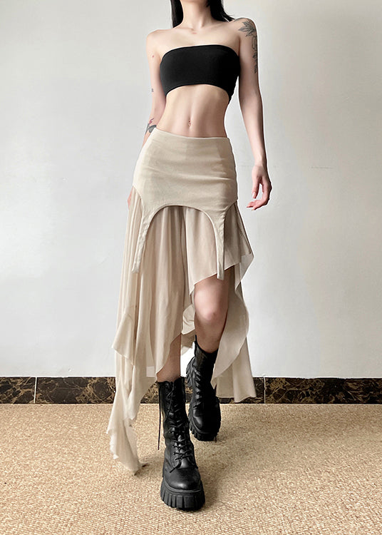 Modern Khaki Asymmetrical Patchwork Side Open Tulle Skirt Summer