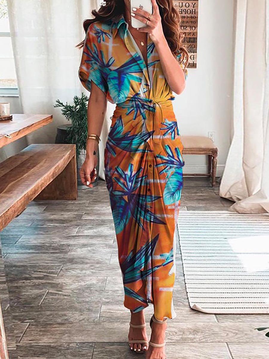 Short Sleeve Tie Knot Waist Ruched Printed Dress