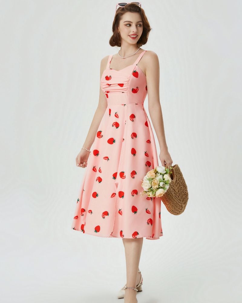 Vintage Leaf Patterns Cocktail Dress Sleeveless Spaghetti Strap Ruched Slit A Line Swing Dress with Pockets