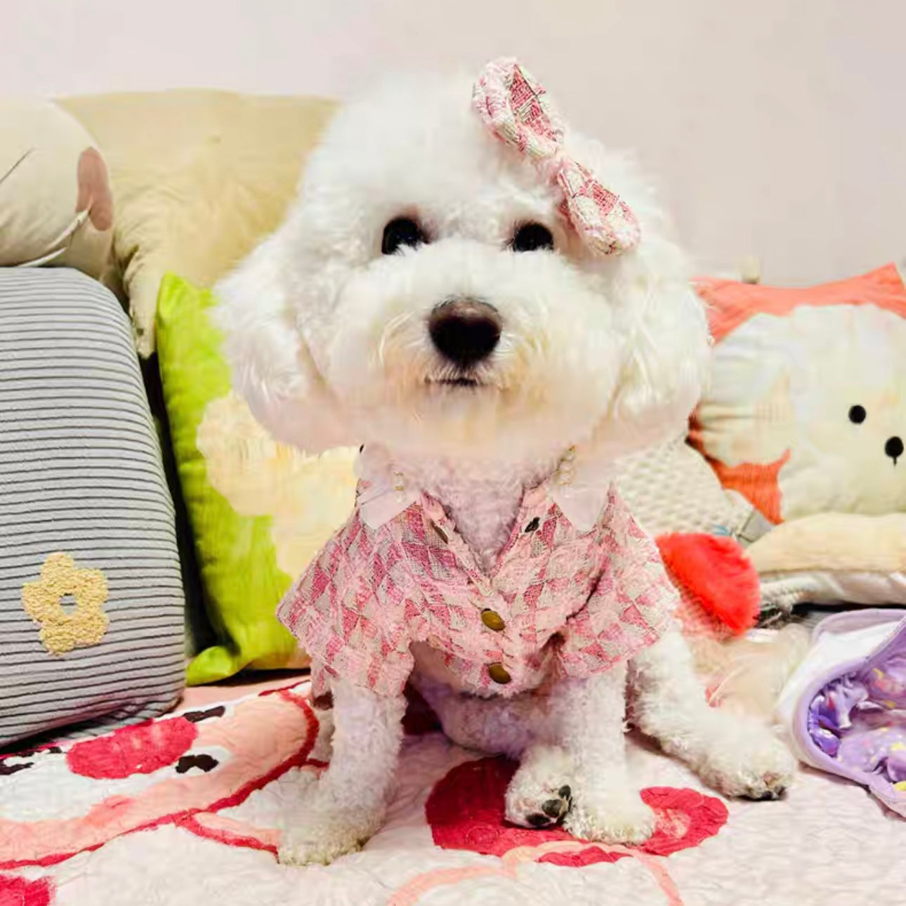 Plaid Pearl Bow Dog Cat Dress&Collar Set