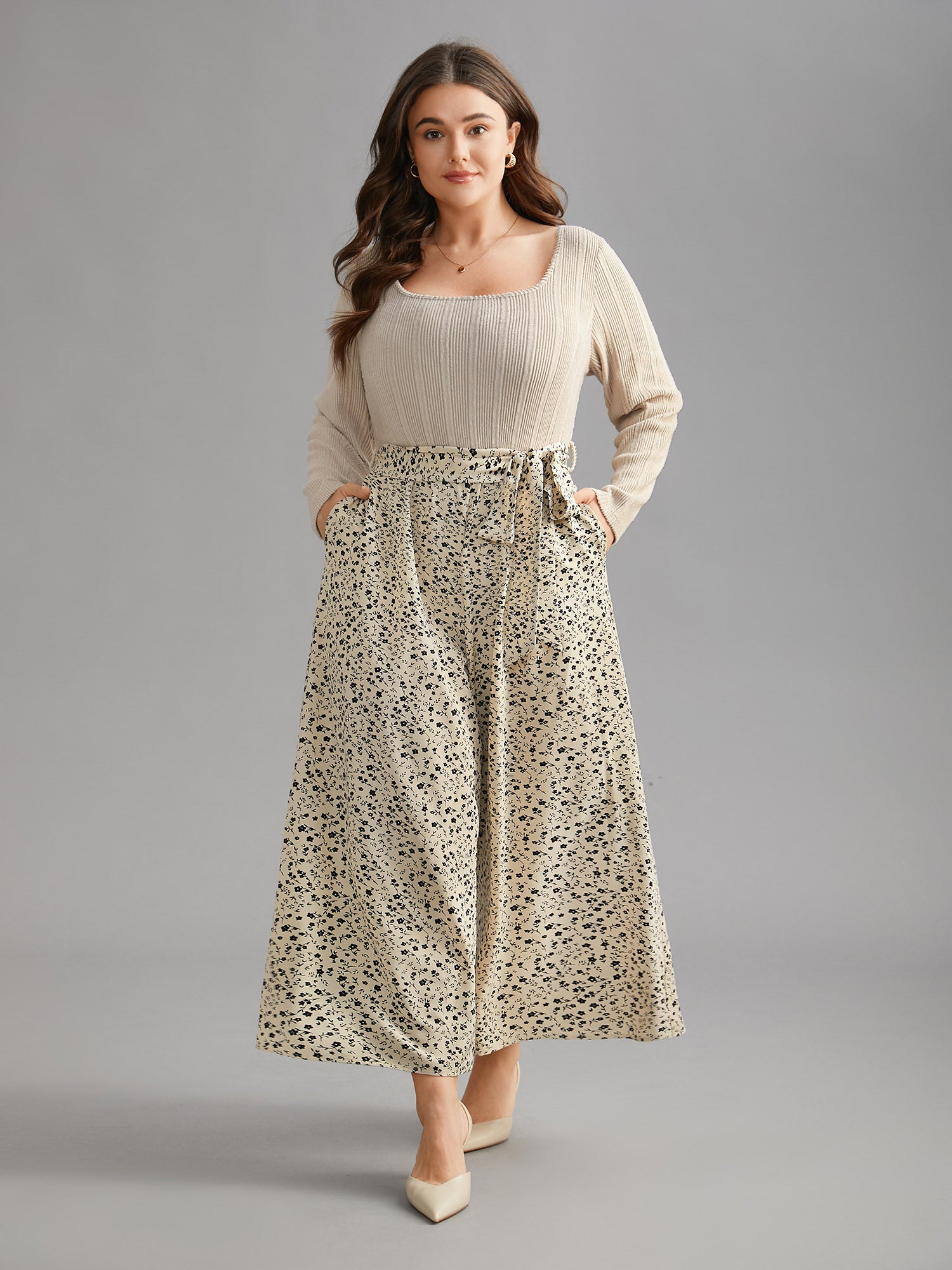 Textured Square Neck Belted Floral Jumpsuit