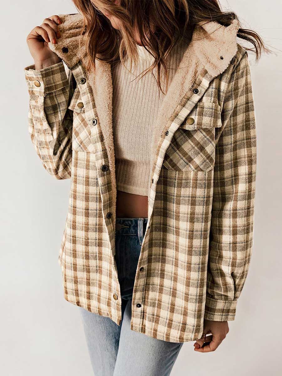 Plaid Long Sleeve Shirt Hooded Thickened Jacket