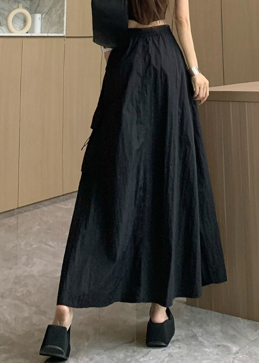 Women Black Pockets Drawstring High Waist Cotton Skirts Summer