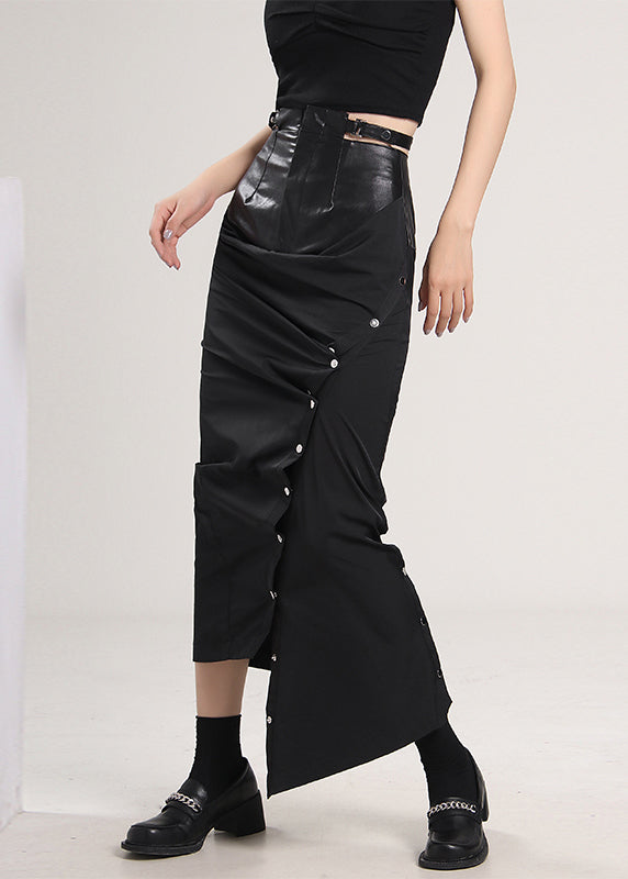 Black Button Patchwork side open Skirts Spring