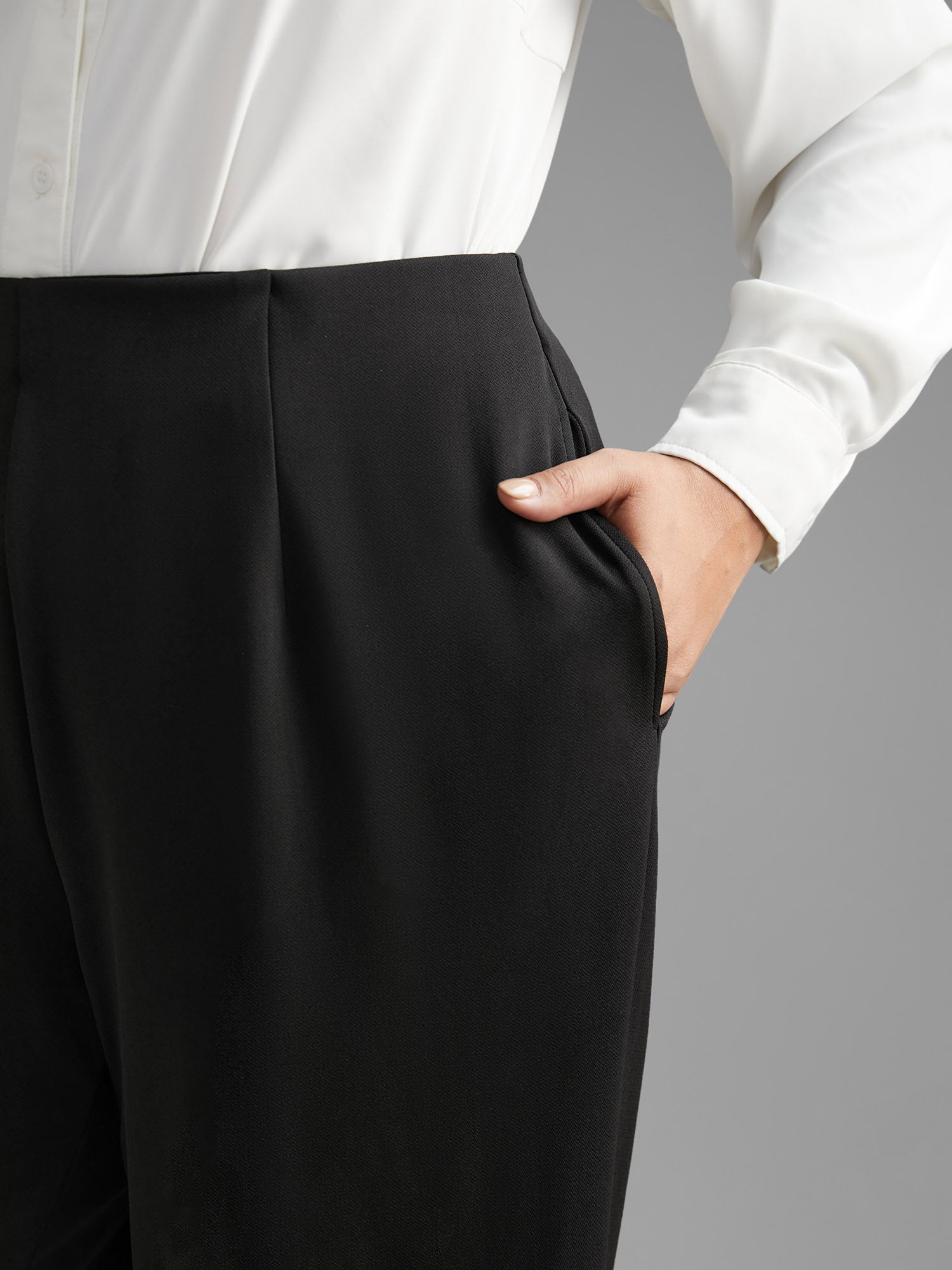 Solid Elastic Waist Pleated Wide Leg Pants