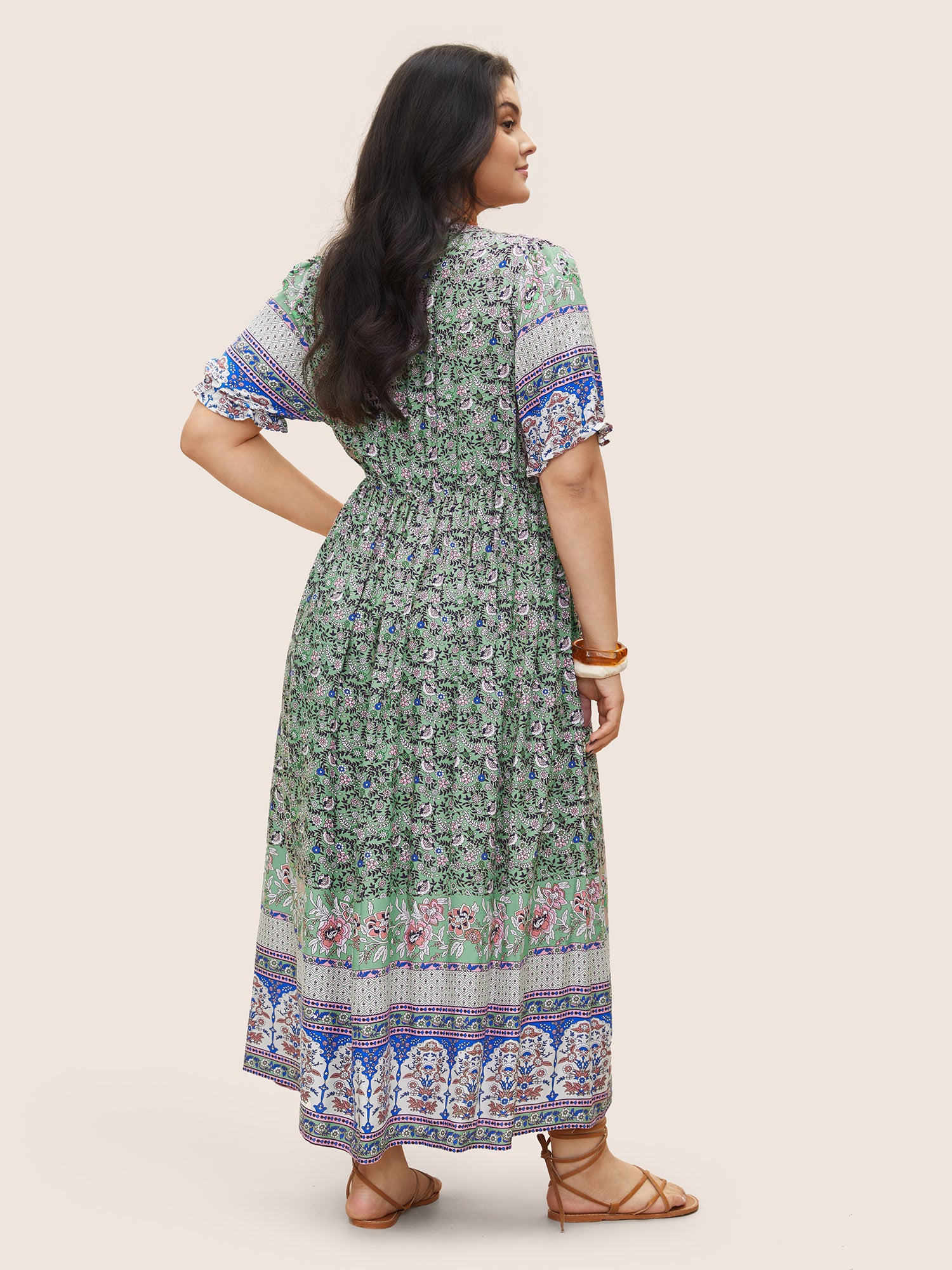 Boho Print Notched Ties Tassel Trim Dress