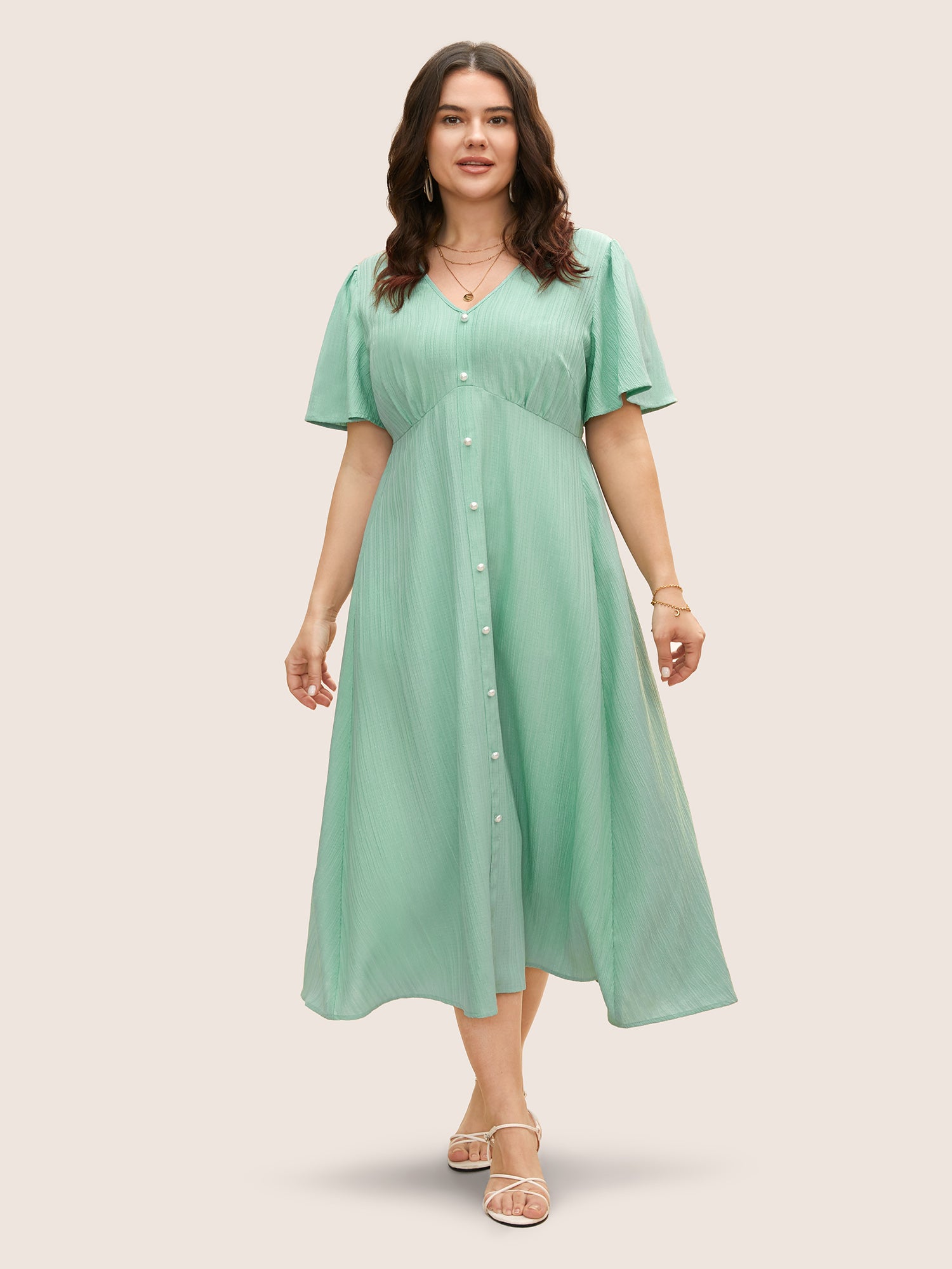 V Neck Button Detail Flutter Sleeve Dress
