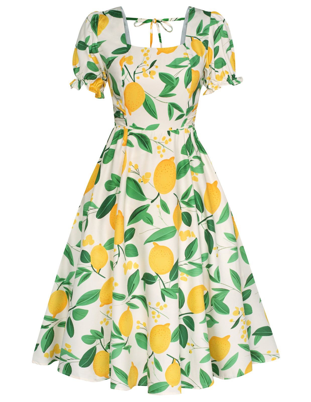 Vintage Daisy Flower Print Cottagecore Cocktail Dresses Square Neck Puff Sleeve Dress with Pockets