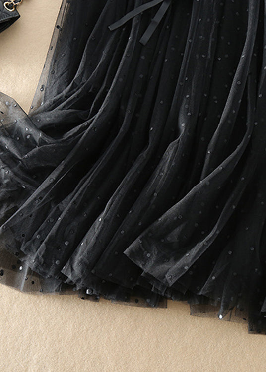 Black Cinched Dot Tulle Skirts Spring