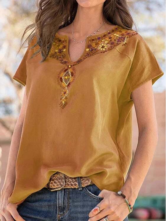 Boho Short Sleeve Embroidered V Neck Shirts Tops