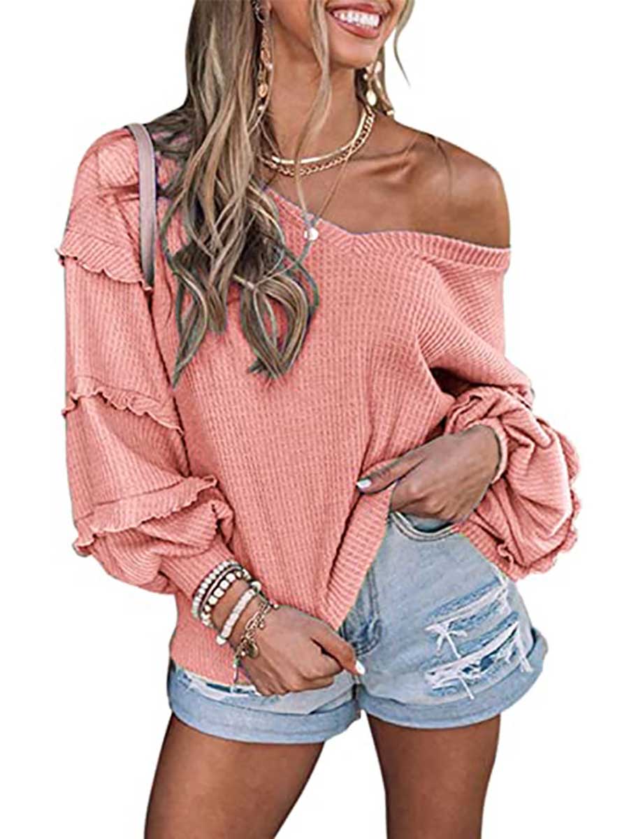 Waffle V-Neck Ruffle Lantern Sleeve Top