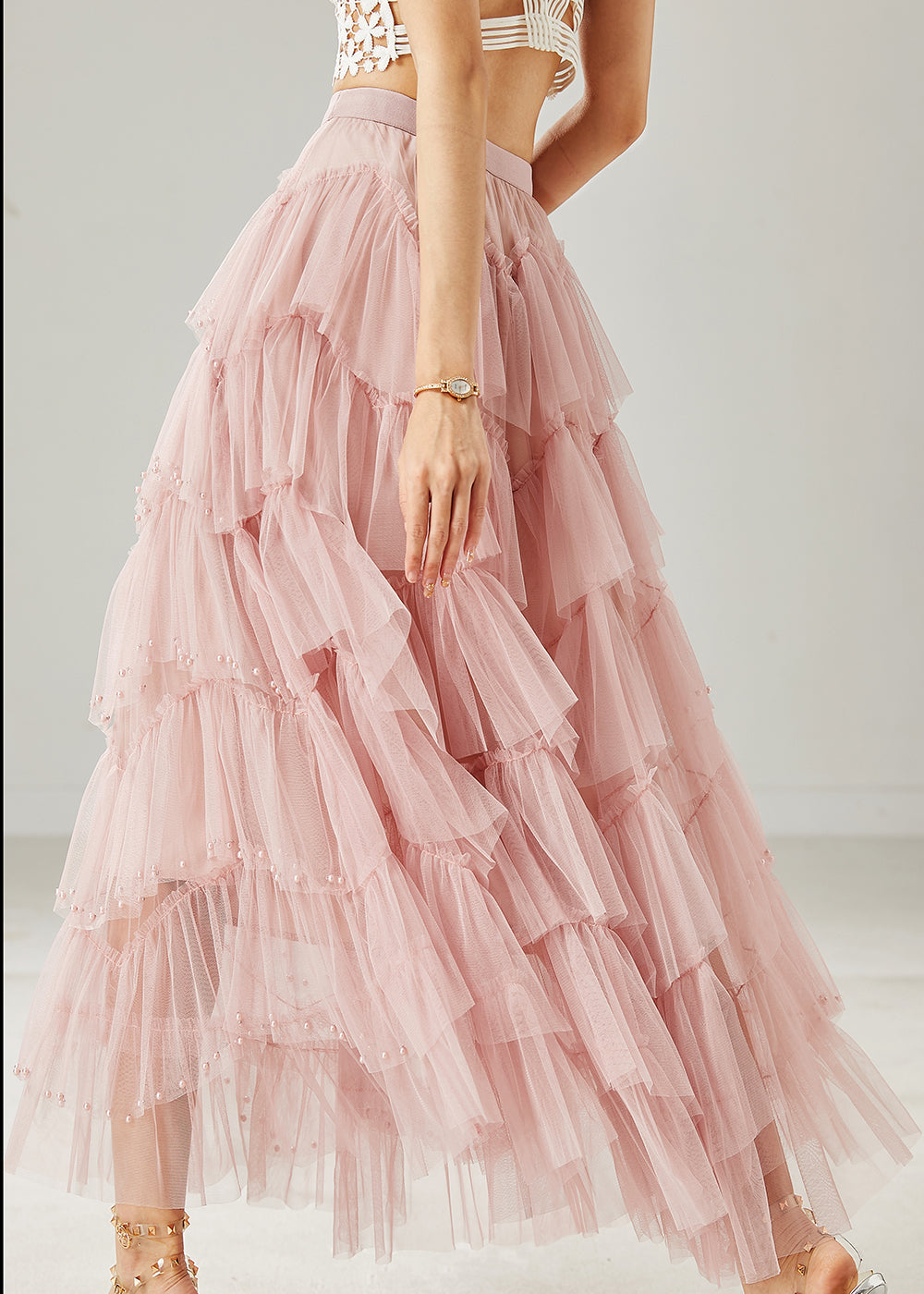 Pink Nail Bead Layered Tulle Beach Skirt Summer
