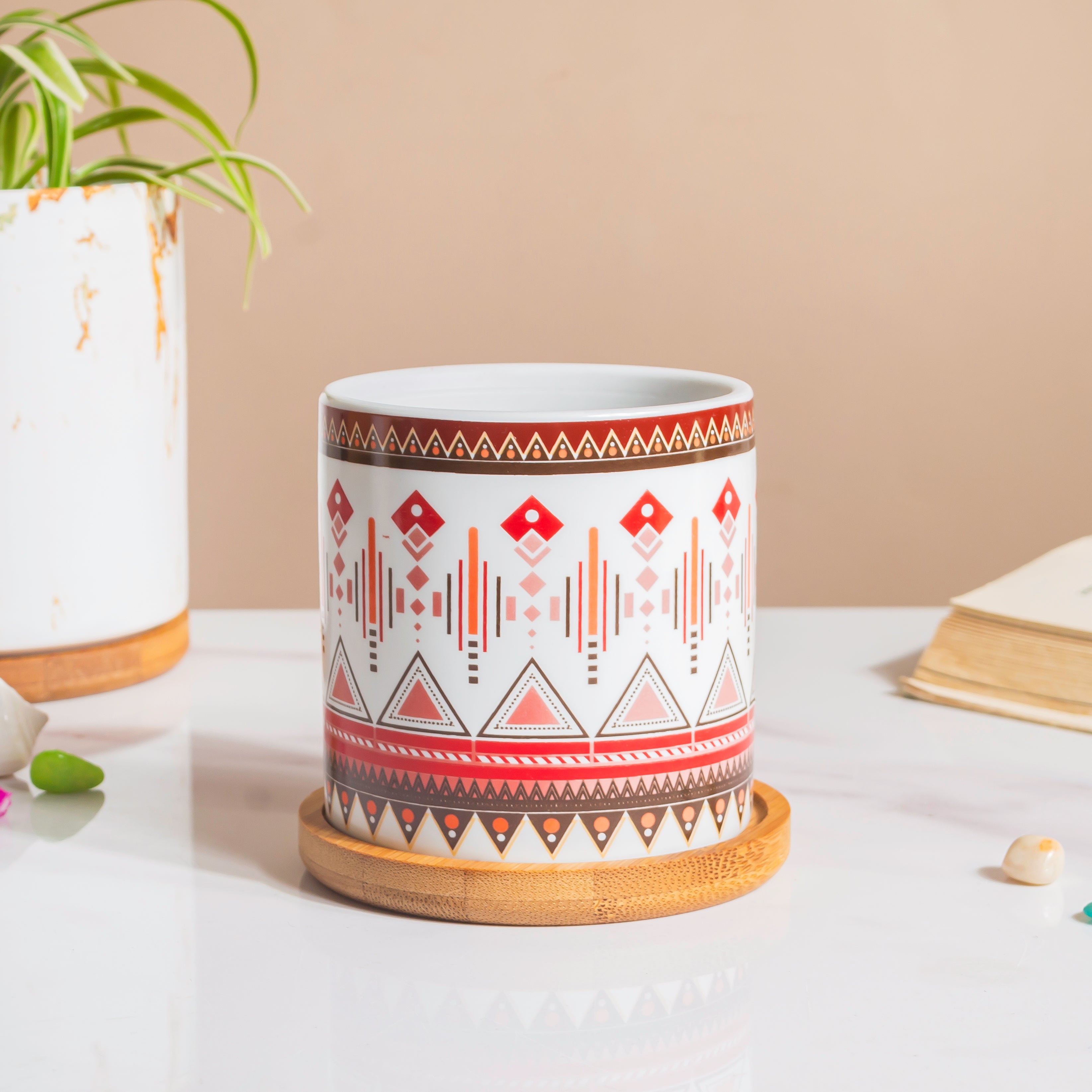 Noor Art Multicolor Ceramic Planter With Wooden Coaster