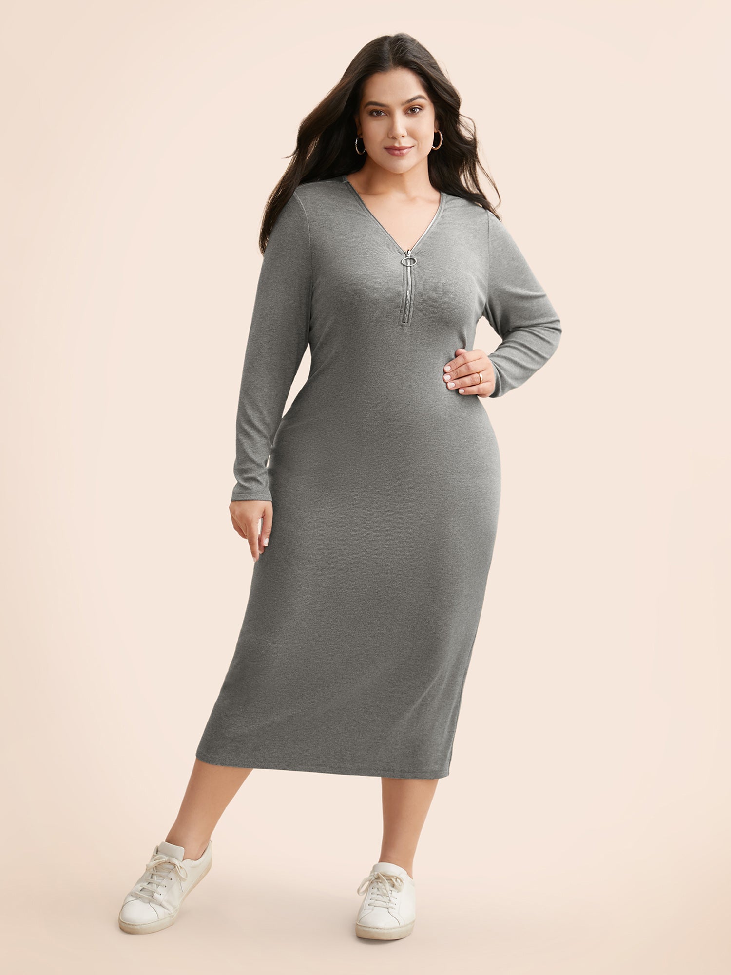Solid Knit Zipper Midi Dress