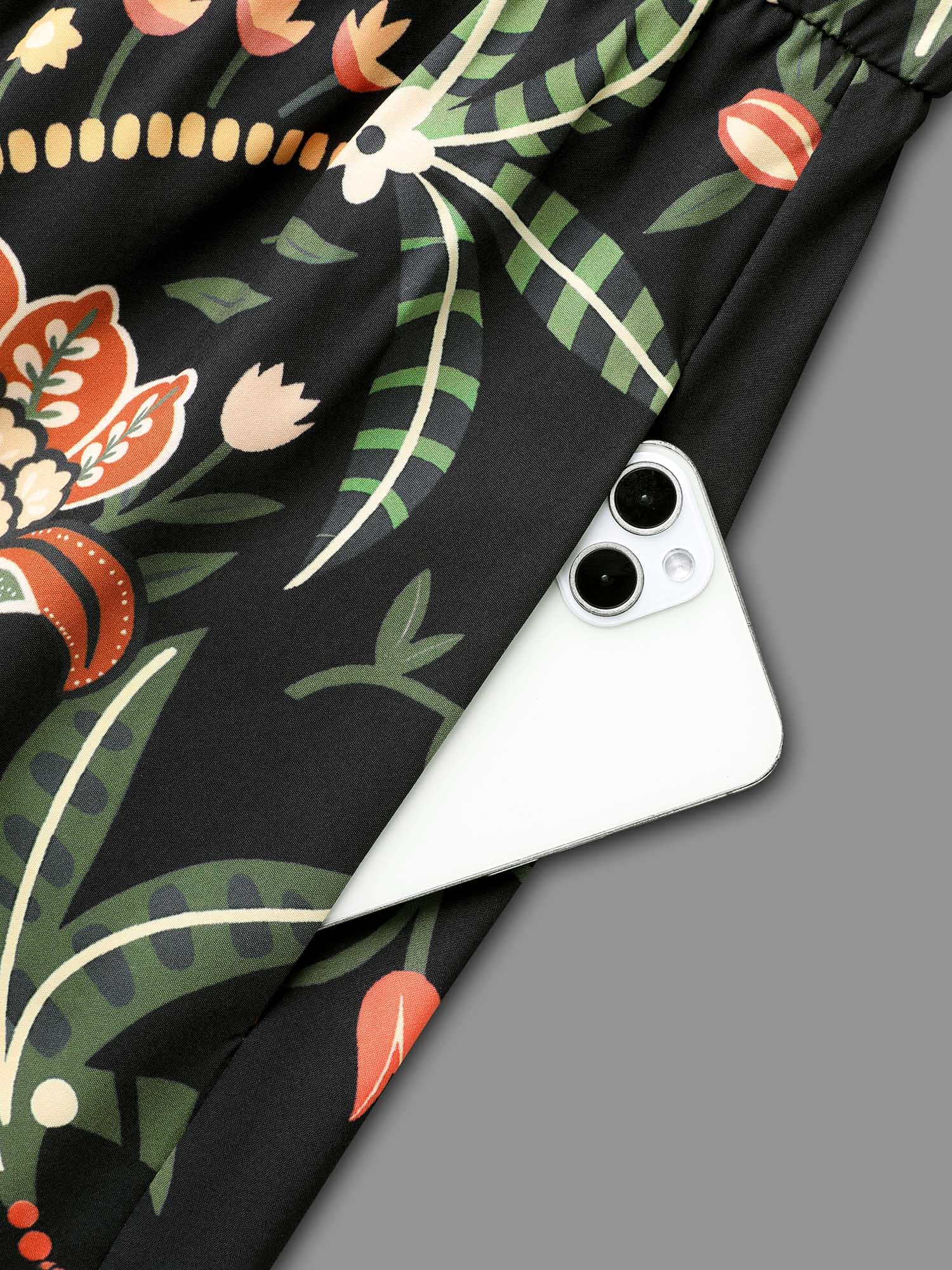 Floral Print Notched Collar Elastic Waist Dress