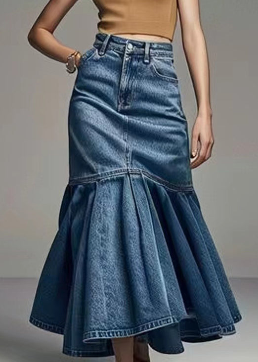 Blue Wrinkled High Waist Fishtail Skirt Summer