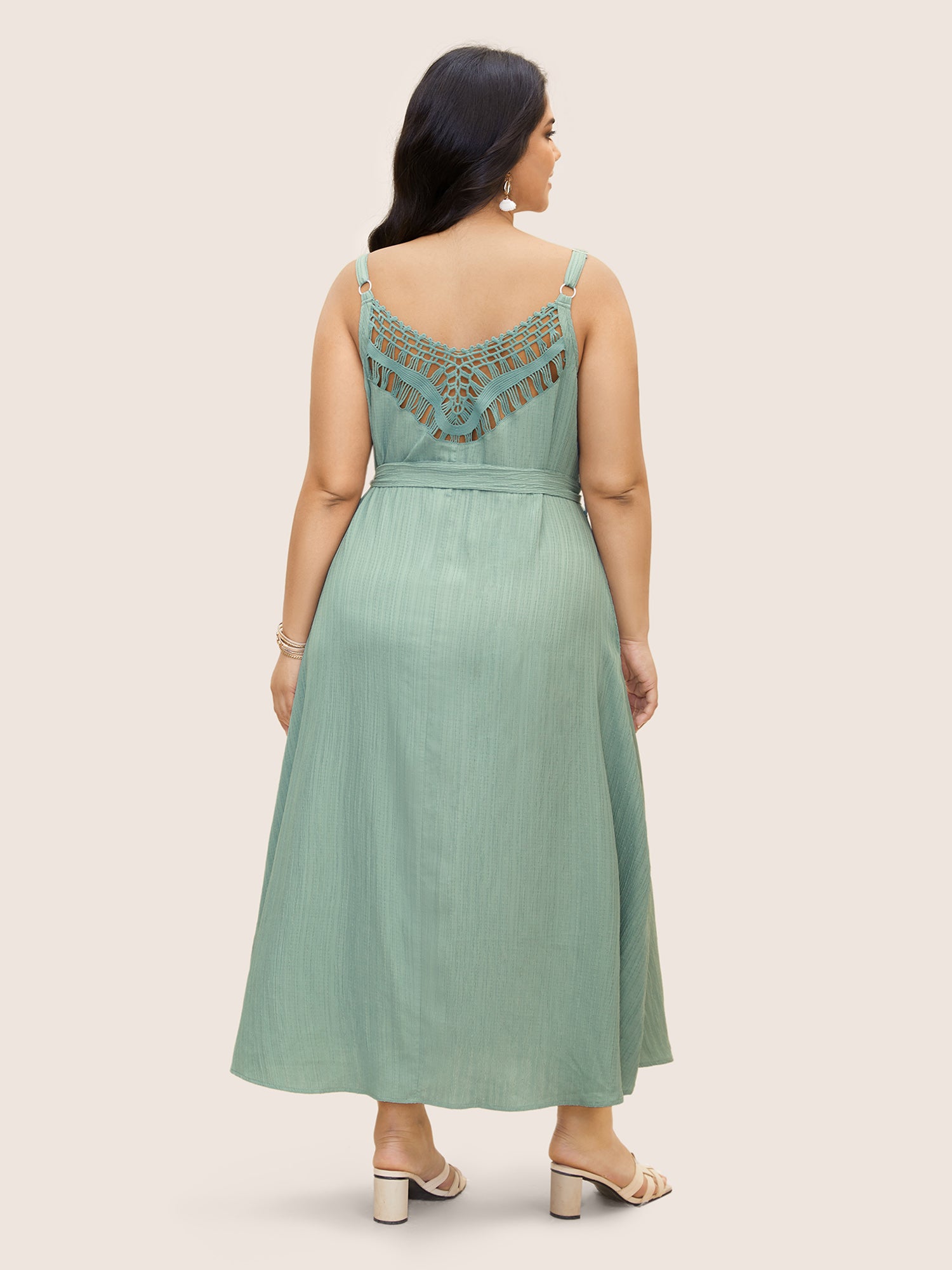 Texture Lace Trim Belted Cami Dress