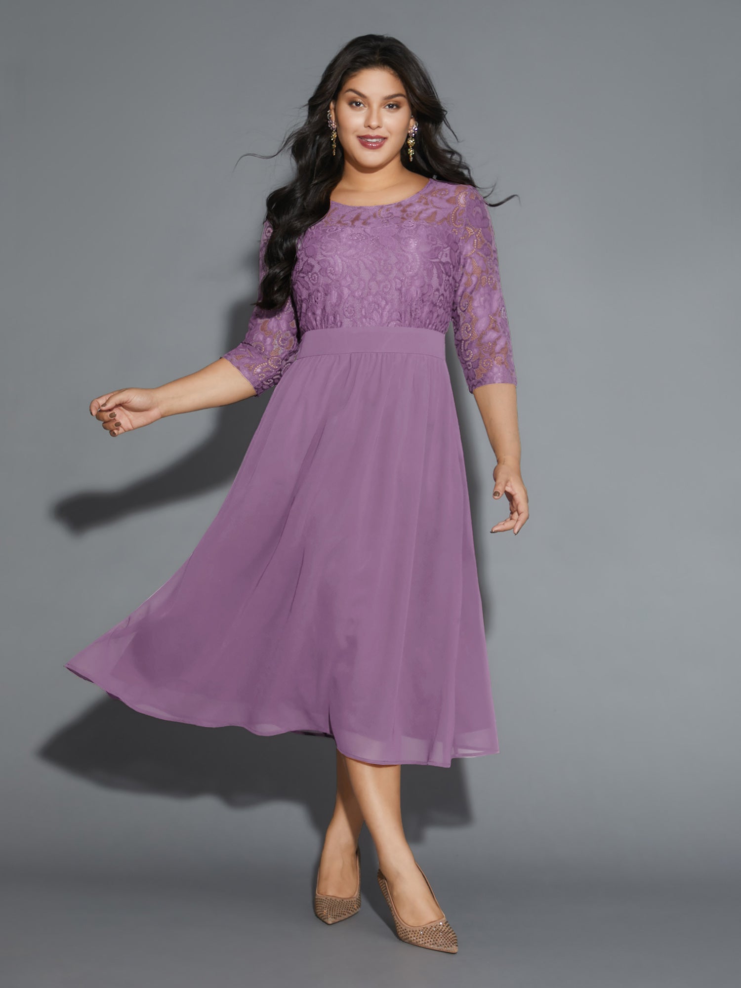 Lace Patchwork Shirred Midi Pocket Dress