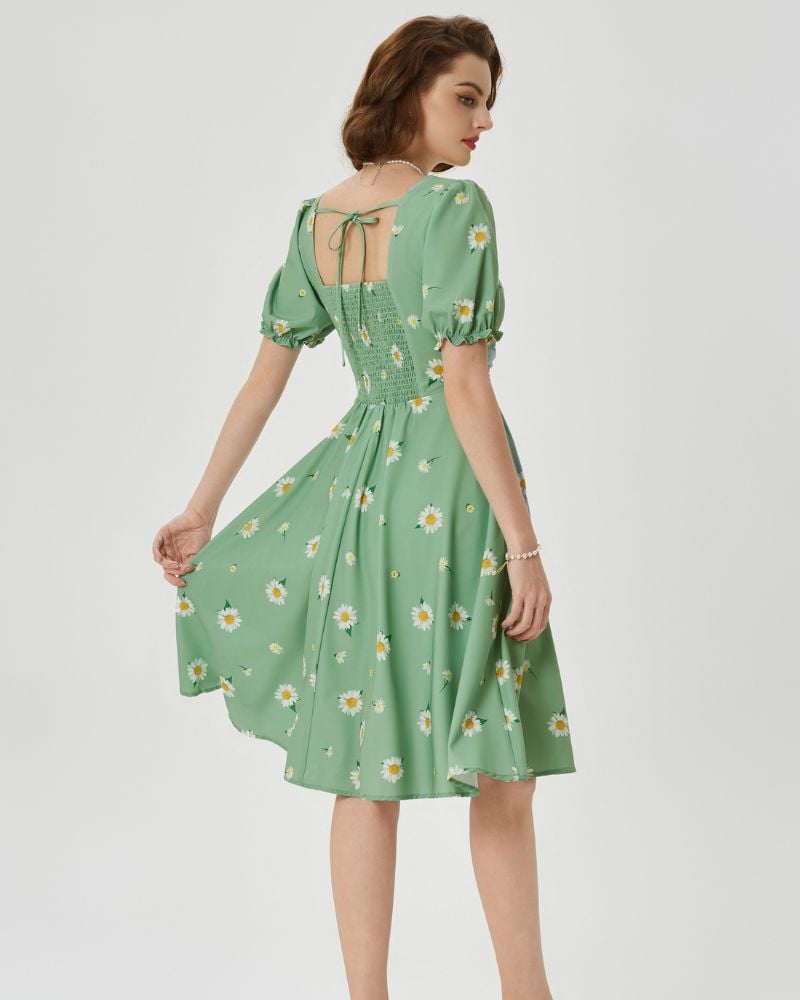 Vintage Floral Patterns Cottagecore Cocktail Dresses Square Neck Puff Sleeve Dress with Pockets