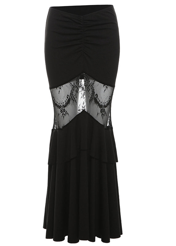 Art Black Hollow Out Lace Patchwork Fishtail Skirt Summer