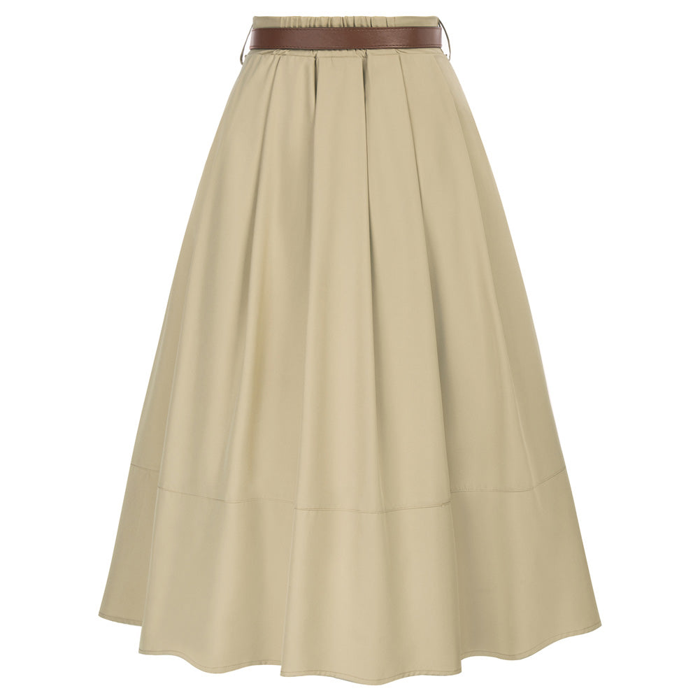 Pleated Swing Skirt with Belt Elastic High Waist A-Line Midi Skirt