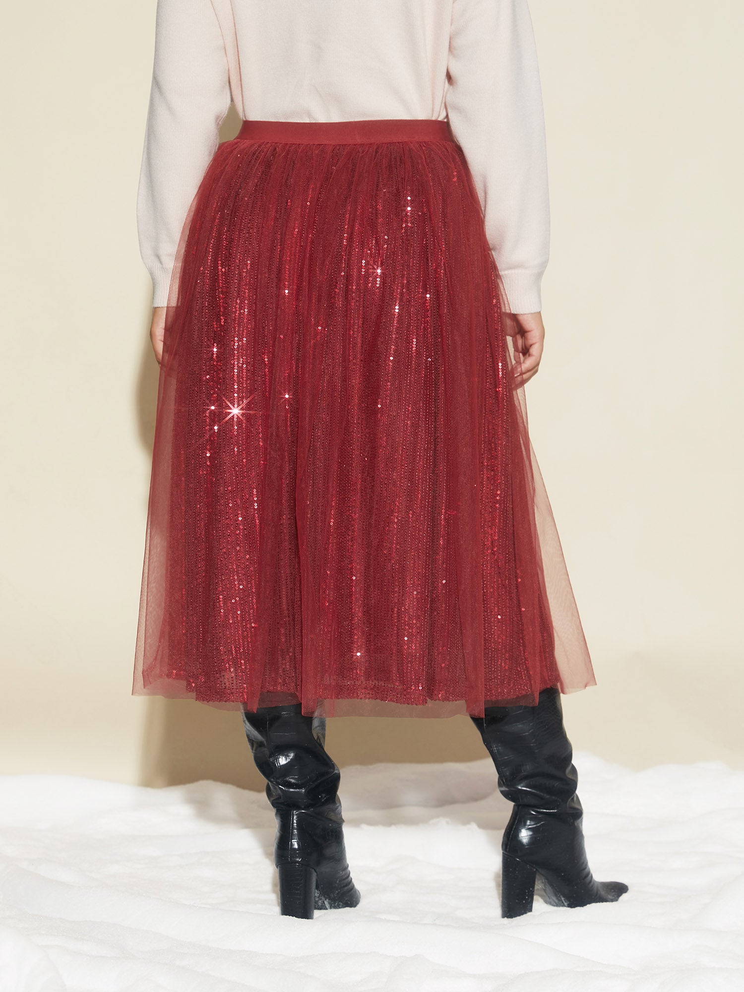 Sequin Mesh Elastic Waist Midi Skirt