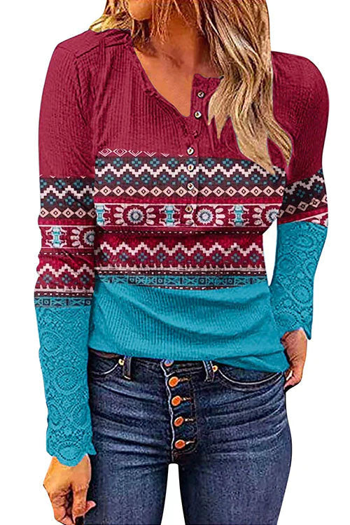 V Neck Buttons Printed Bottoming Shirt