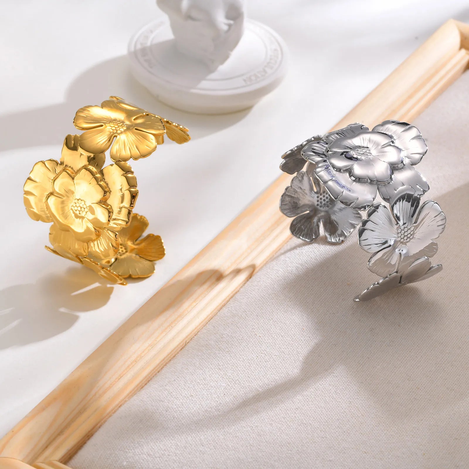 18k Floral Cuff Bangle Bracelets