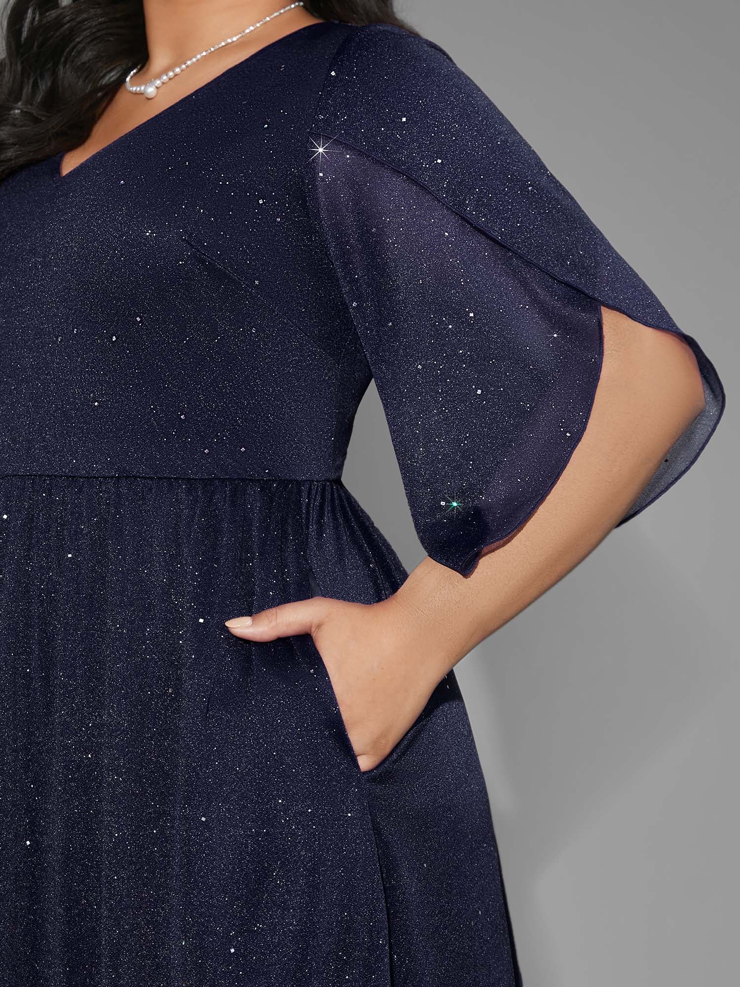 Glitter Mesh Petal Sleeve Midi Dress