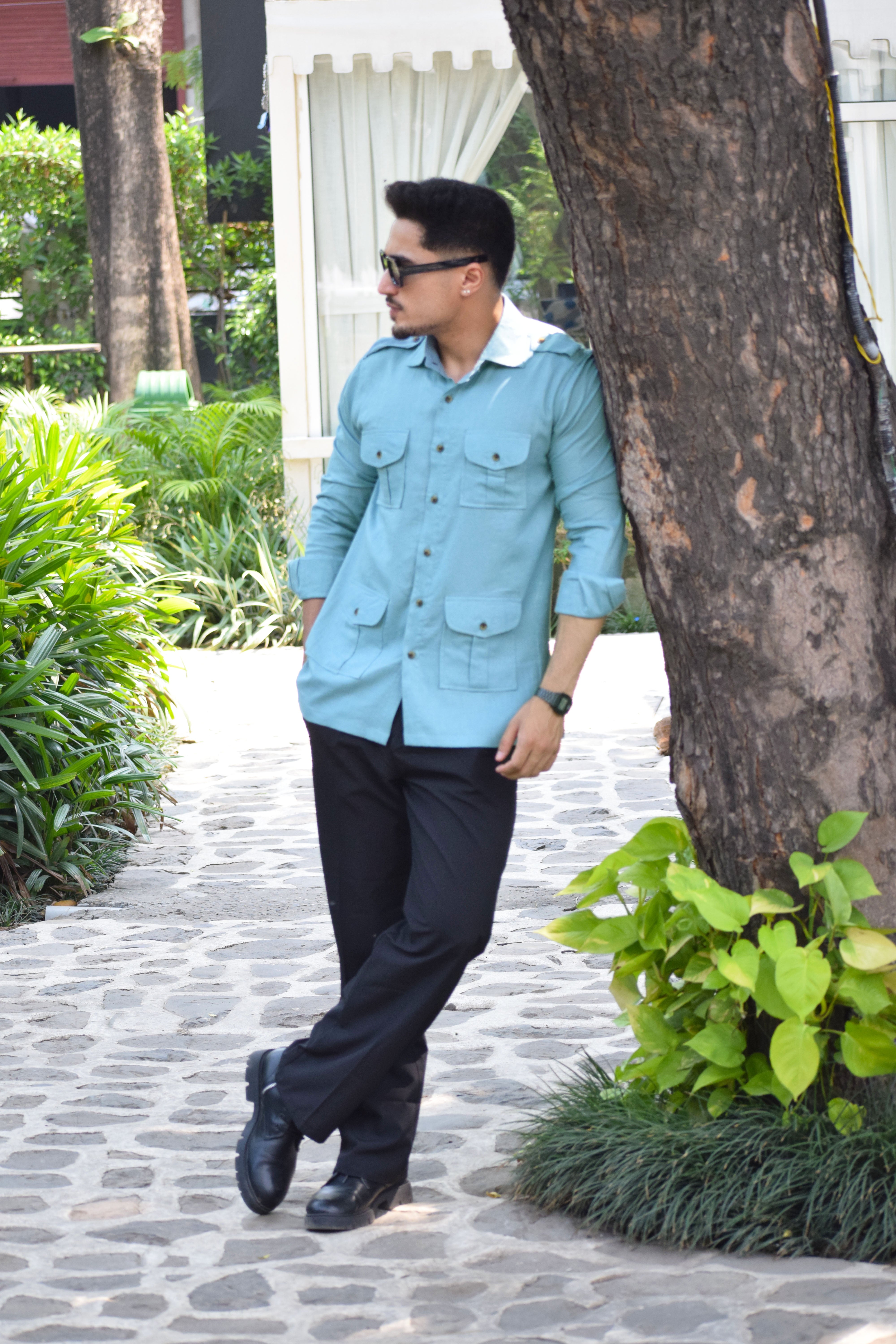 Cotton Linen Cyan Blue Hunting Shirt