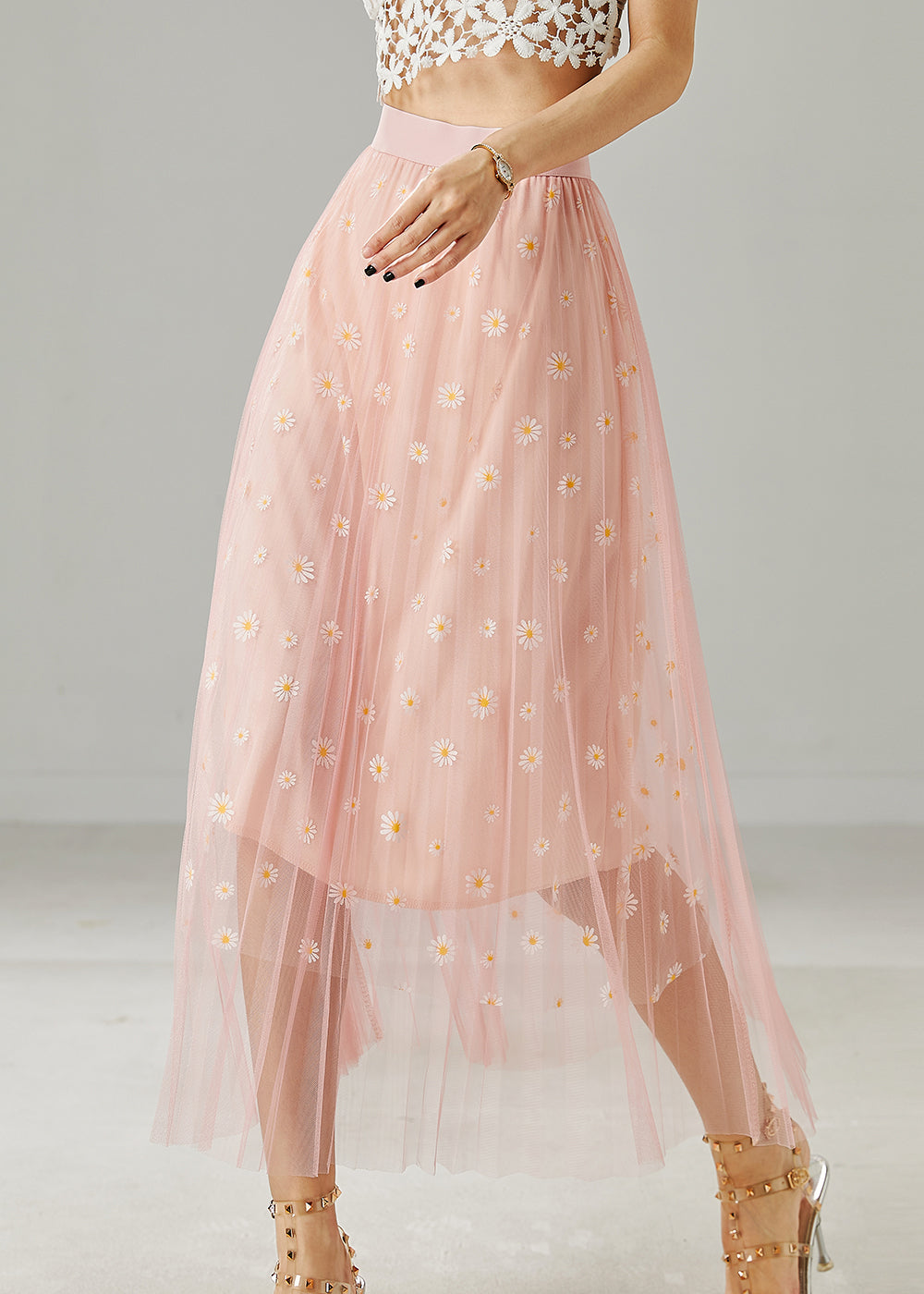 Beautiful Pink Chrysanthemum Embroidered Tulle Skirt Summer