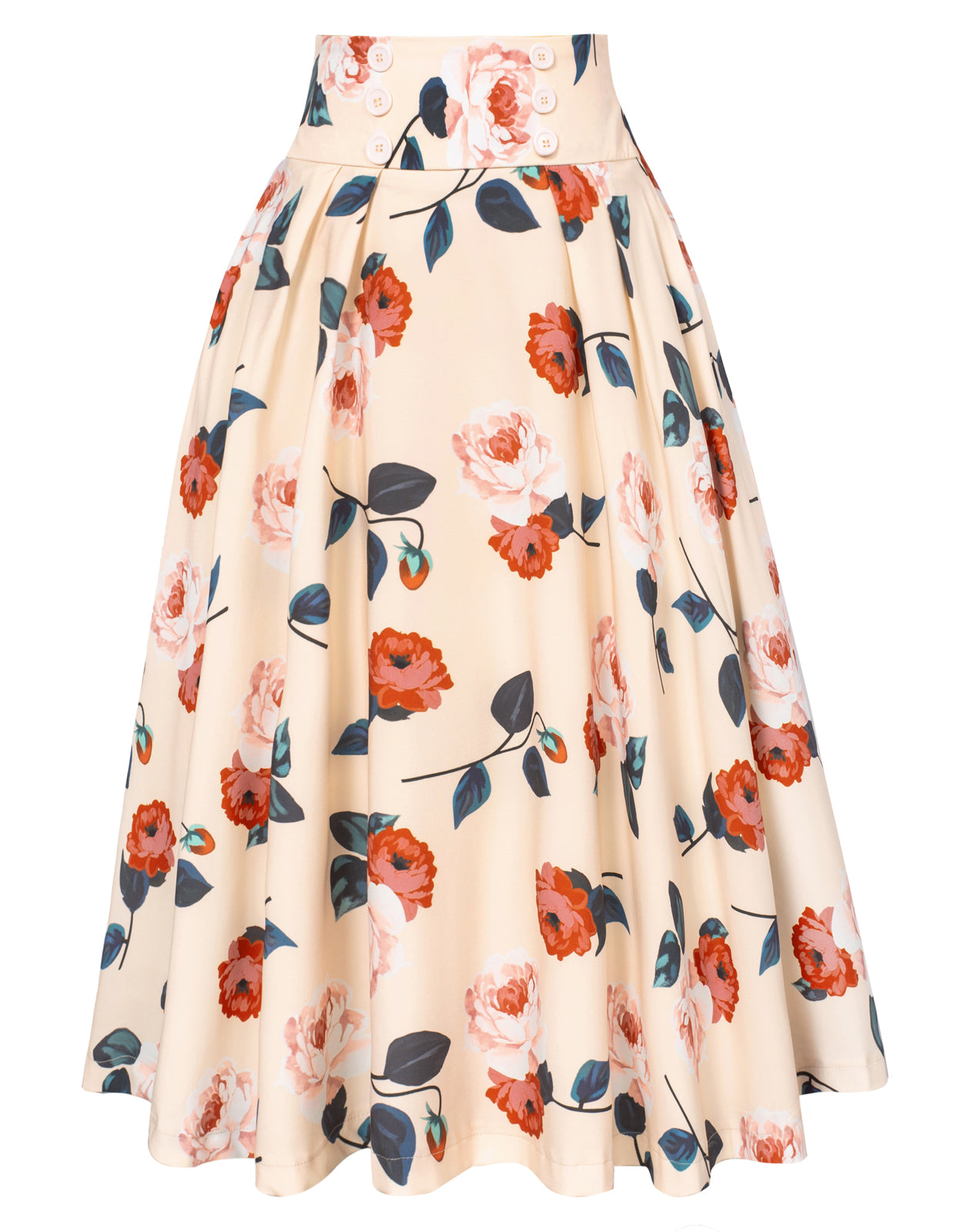 Buttons Decorated Elastic Waist High Waist Floral Printed Swing A-Line Skirt