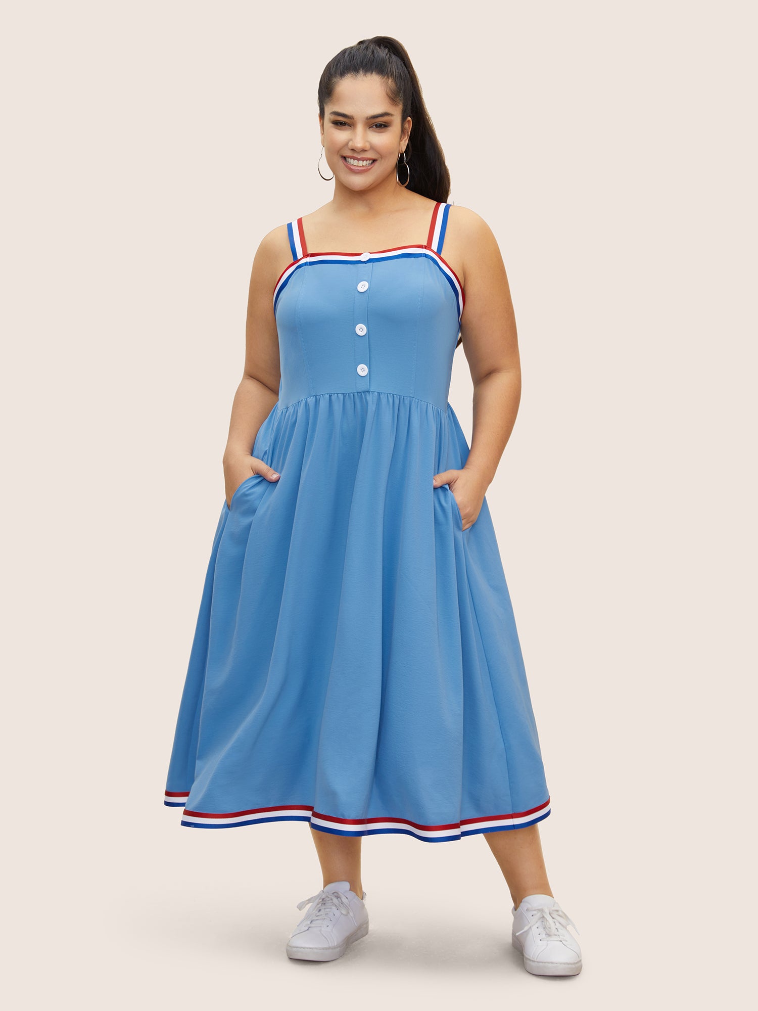 Contrast Webbing Button Detail Midi Dress