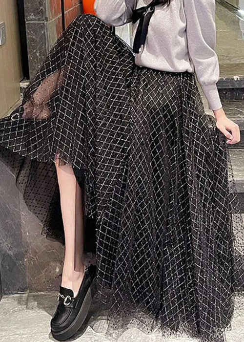 New Apricot Plaid Elastic Waist Tulle Pleated Skirt Summer