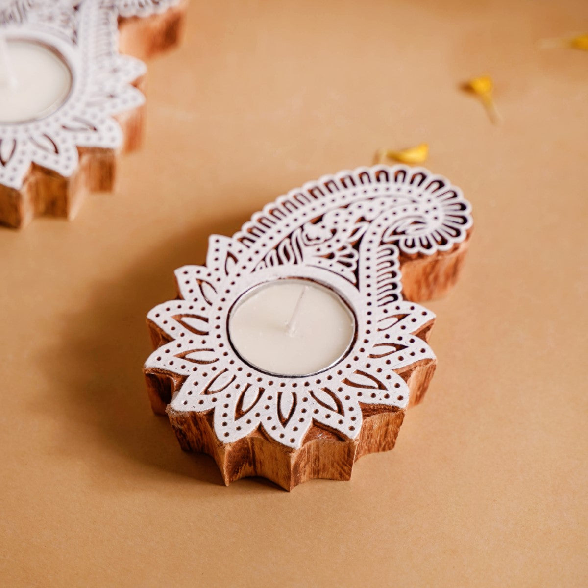 Floral Paisley Decorative Wooden Block Candle Holder Set Of 2