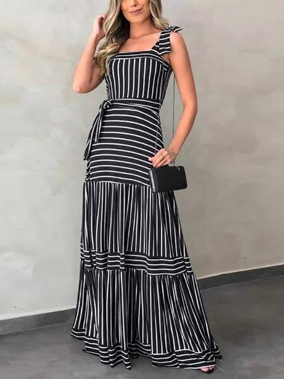 Stripe Bow Tie Belted Maxi Dress