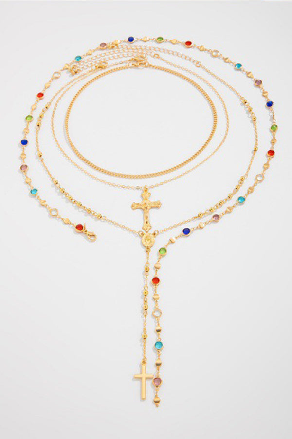 Colorful Crystal Vintage Metal Cross Pendant Y-Necklace