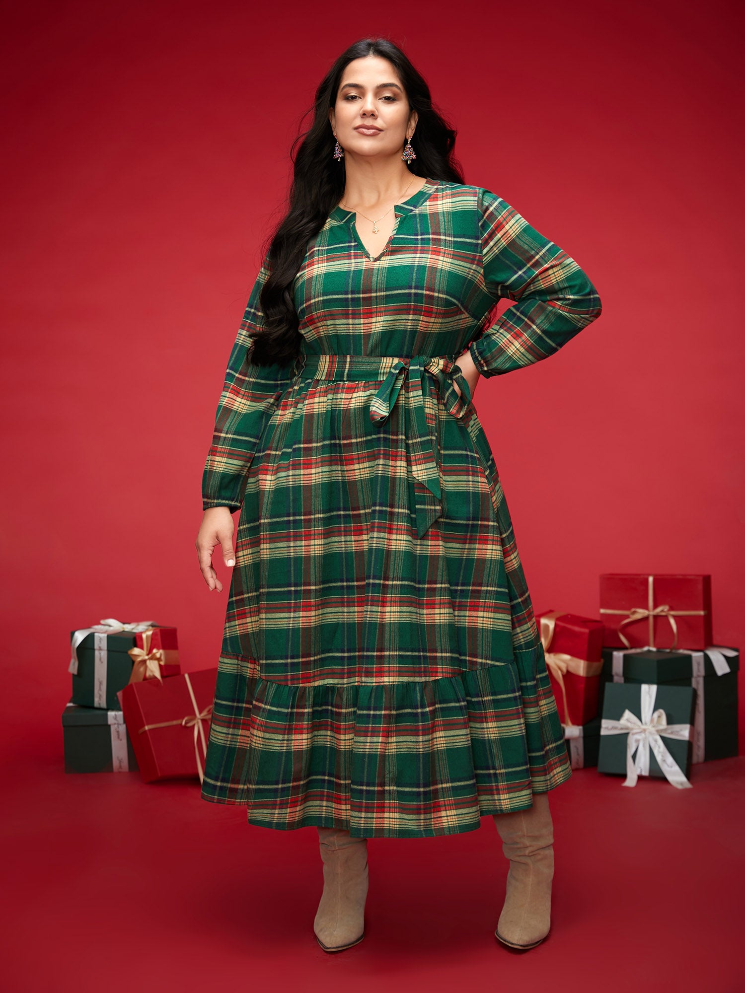 Festive Notched Collar Plaid Dress